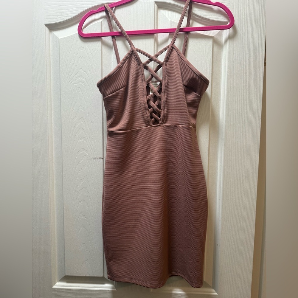 Bozzolo Ribbed Bodycon Mini Dress - Mauveβ Criss-Cross Front (Small)